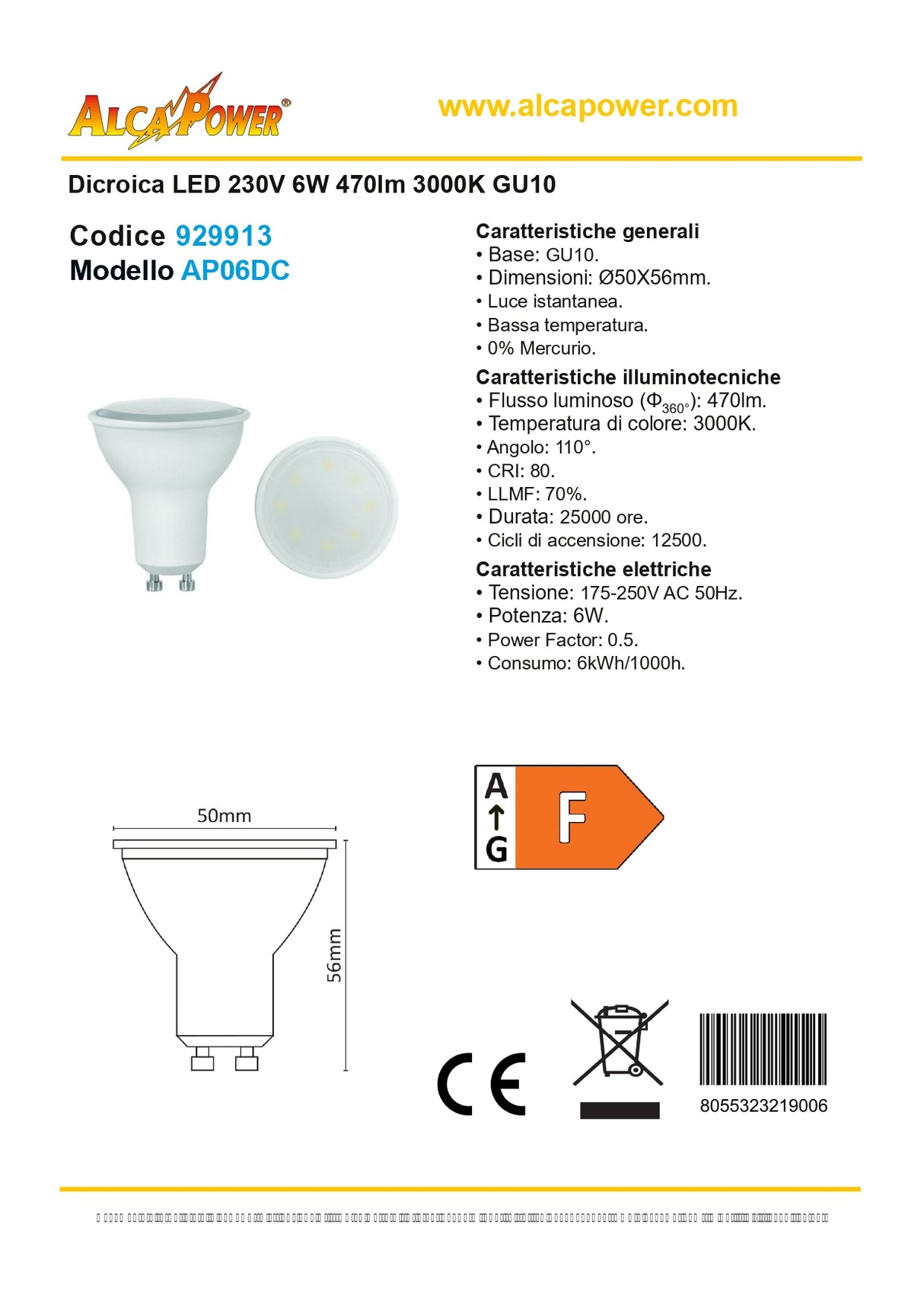 GU10 dichroic led bulb 6W 470lm warm light 3000K