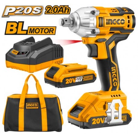 INGCO Avvitatore a percussione brushless 1/2'' con 2 batterie 2 Ah CIWLI2001
