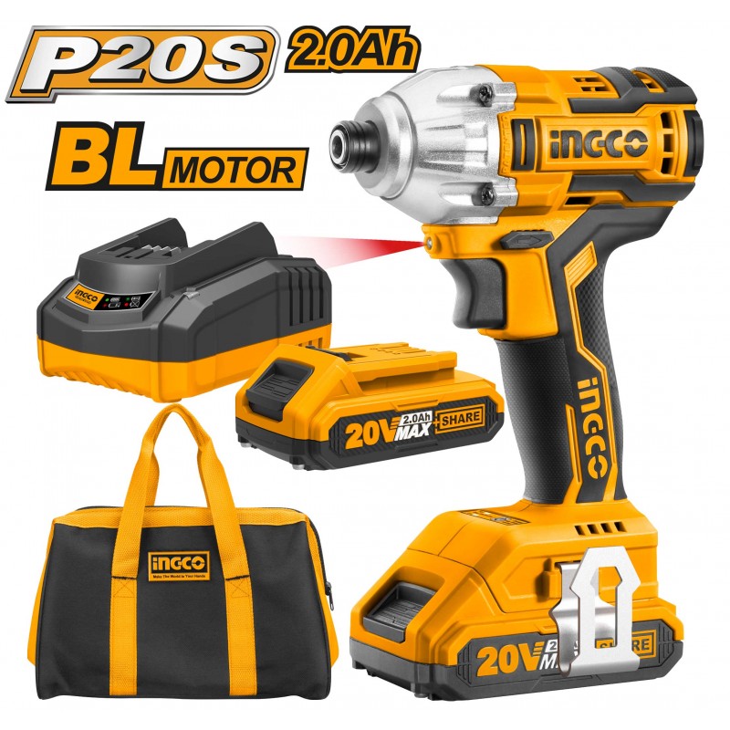 INGCO 1/4'' bürstenloser Schlagschrauber mit 2 2Ah Akkus + Tasche