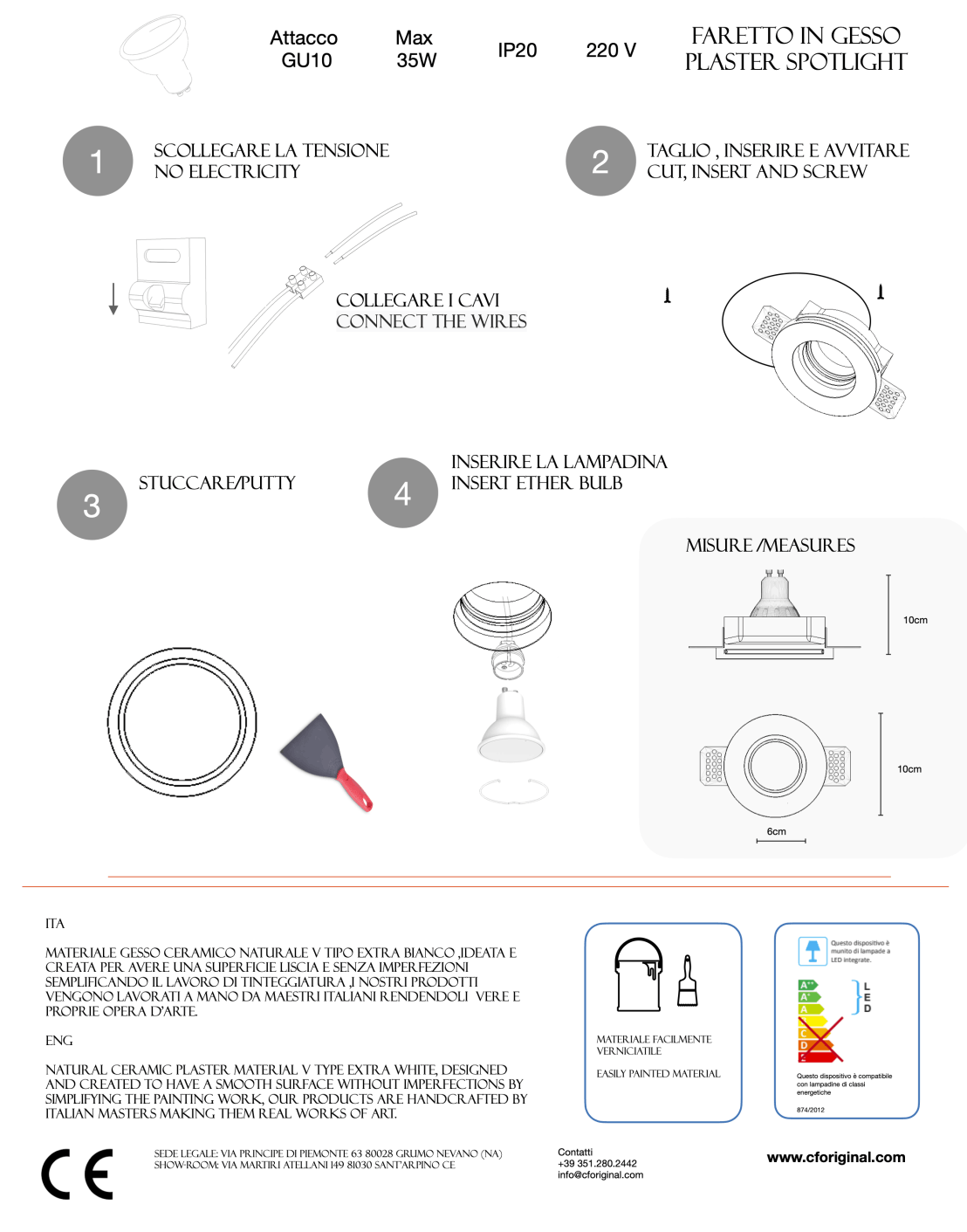 Faretto in gesso da incasso tondo per lampade GU10