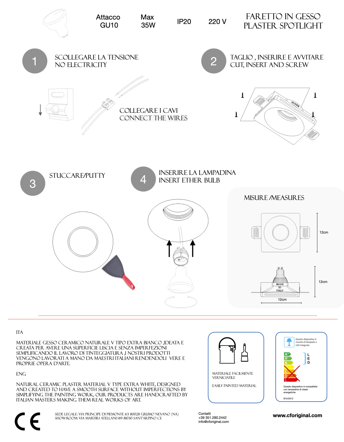 Conical recessed plaster spotlight for GU10 lamps