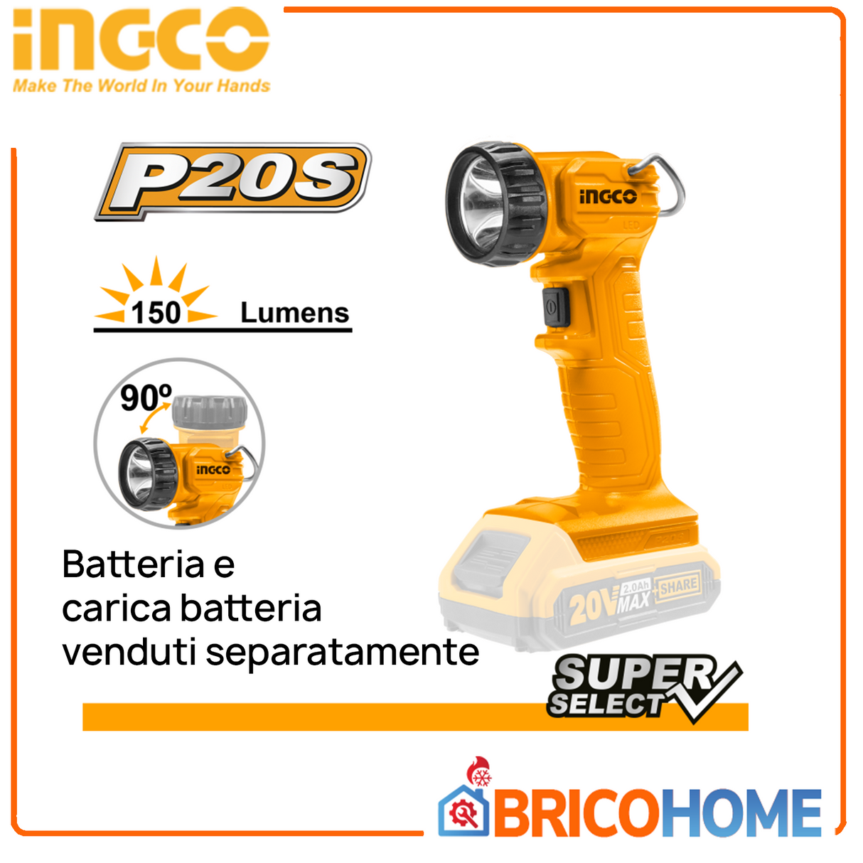 INGCO Lampada da lavoro a batteria 20V 150 lumen – Corpo macchina – CWLI2023