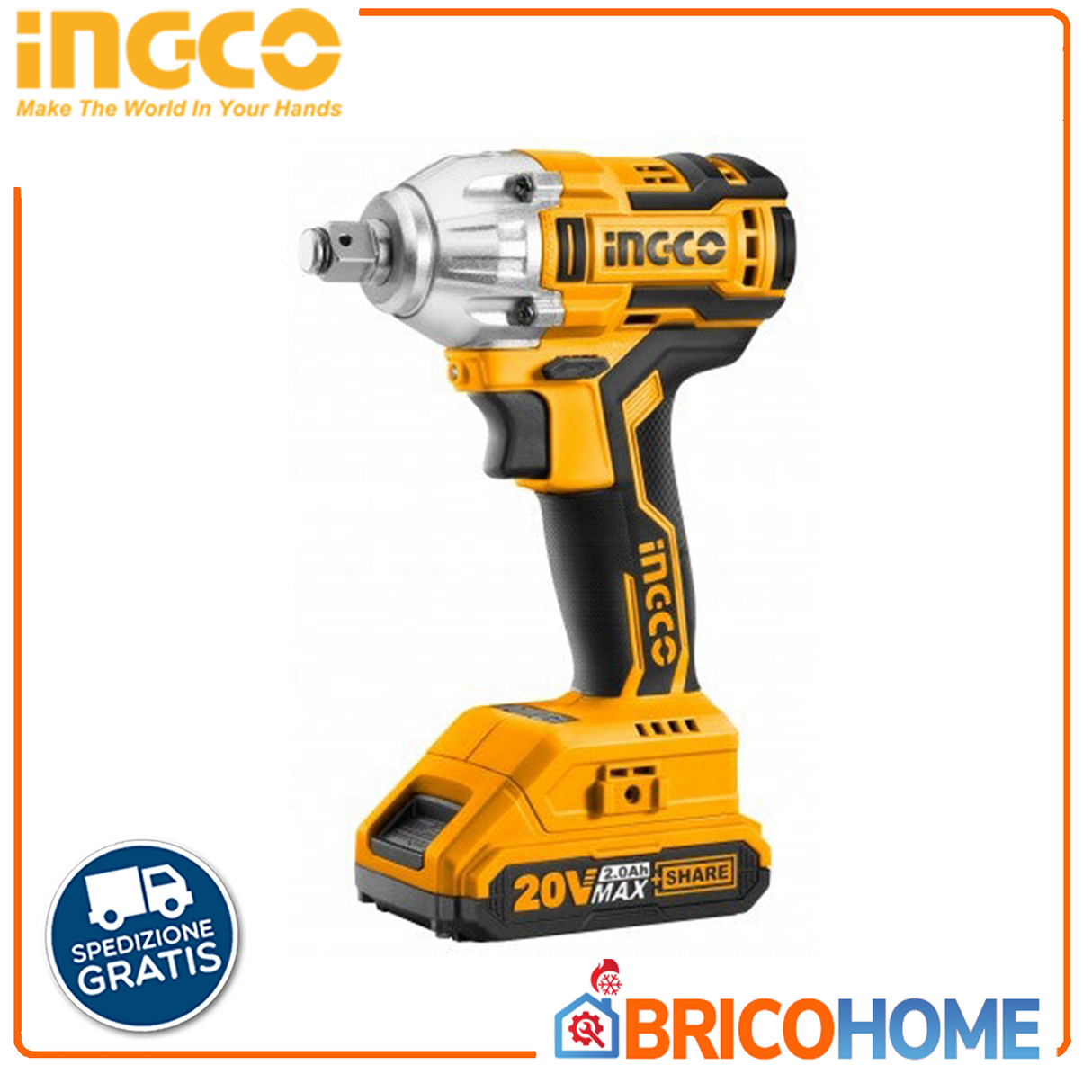 INGCO Avvitatore a percussione brushless 1/2'' con 2 batterie 2 Ah CIWLI2001