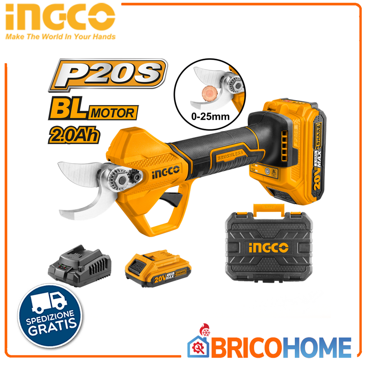 20V cordless pruning shears with battery and battery charger - Ø25 cut - INGCO