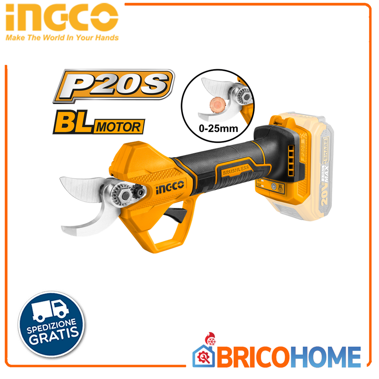 20V cordless pruning shears - Ø25 cut bare (body only) - INGCO