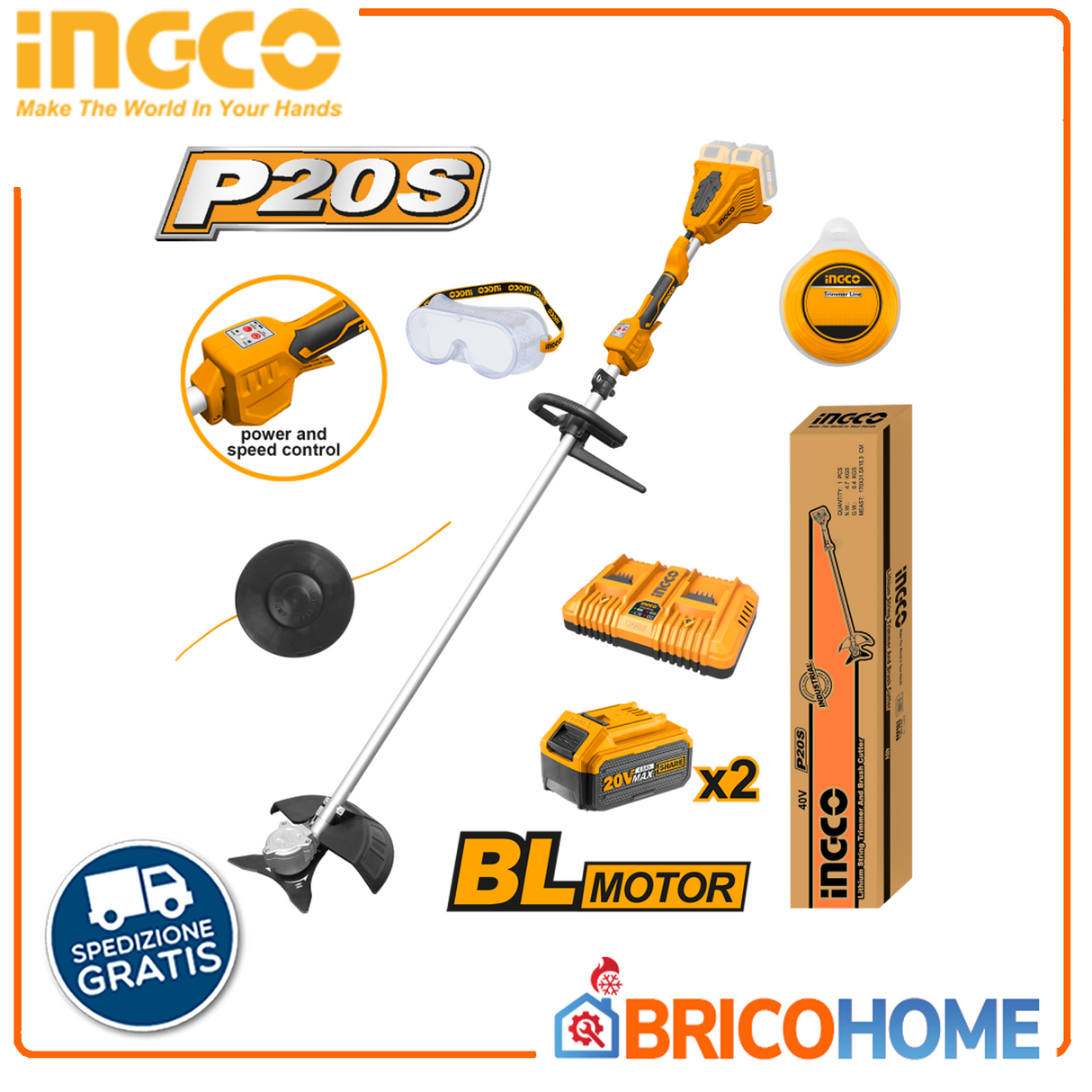 INGCO Decespugliatore 40V con 2 batterie da 4,0Ah