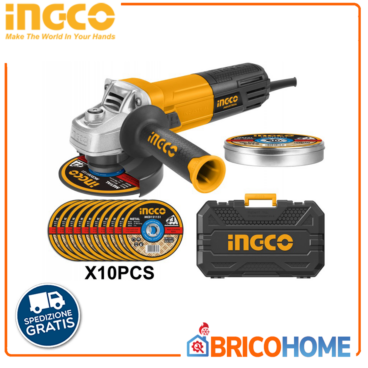 Smerigliatrice angolare 115MM 950W con valigetta+10 dischi omaggio INGCO