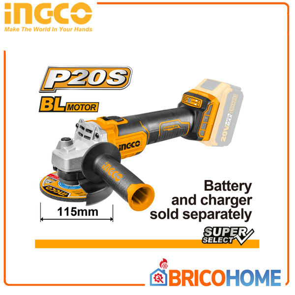 SMERIGLIATRICE ANGOLARE BRUSHLESS 115MM CON 2 BATTERIE 20V + BORSA INGCO