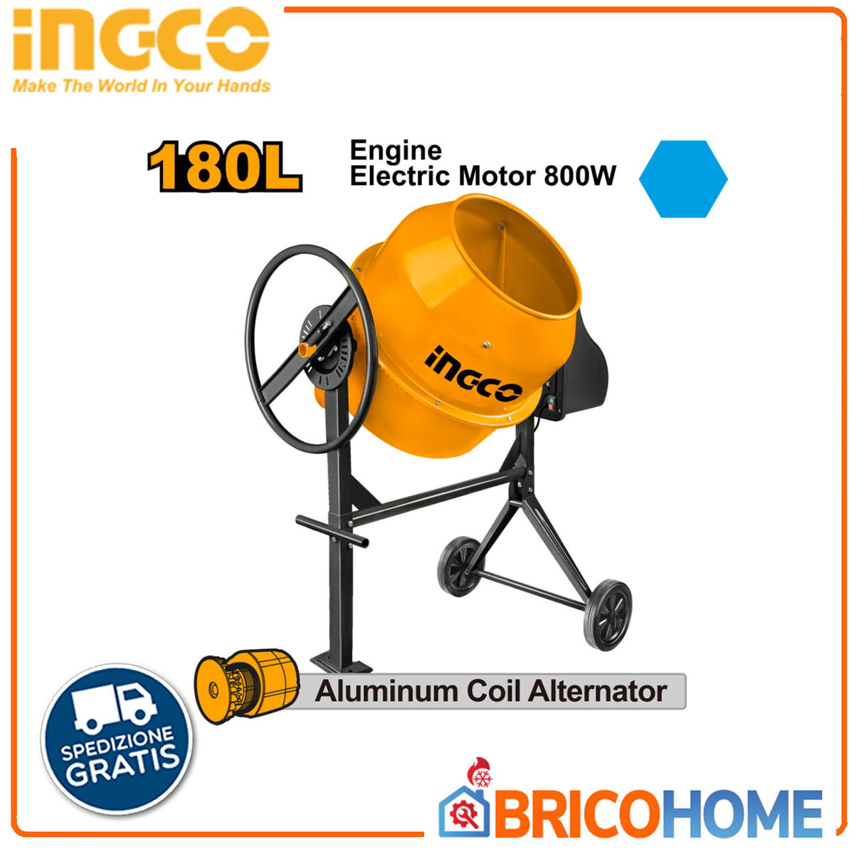 INGCO Betoniera elettrica 180L 800W