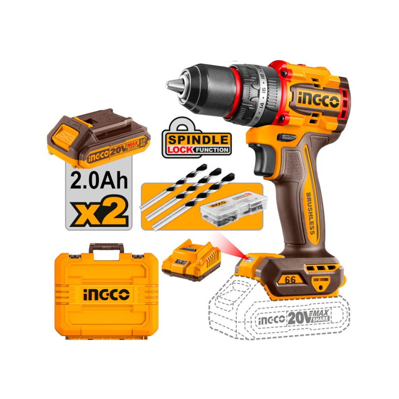 INGCO Trapano Avvitatore COMPACT con percussione 20V 66Nm BRUSHLESS con 2 batterie 2Ah