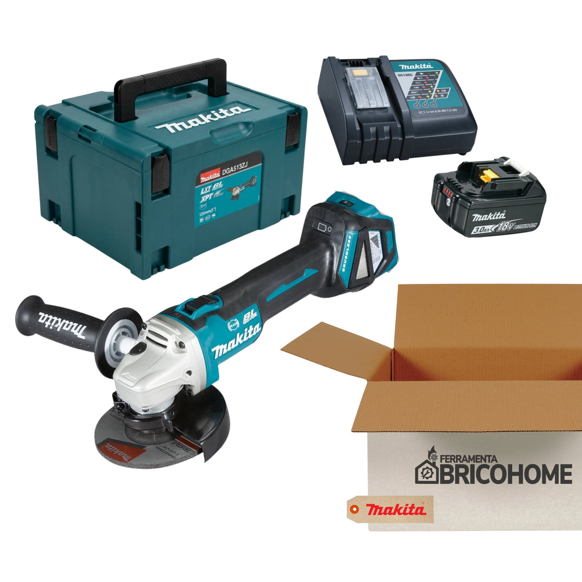 Kit Makita Smerigliatrice DGA513ZJ + Batteria 3Ah e Caricabatterie Rapido [BUNDLE]