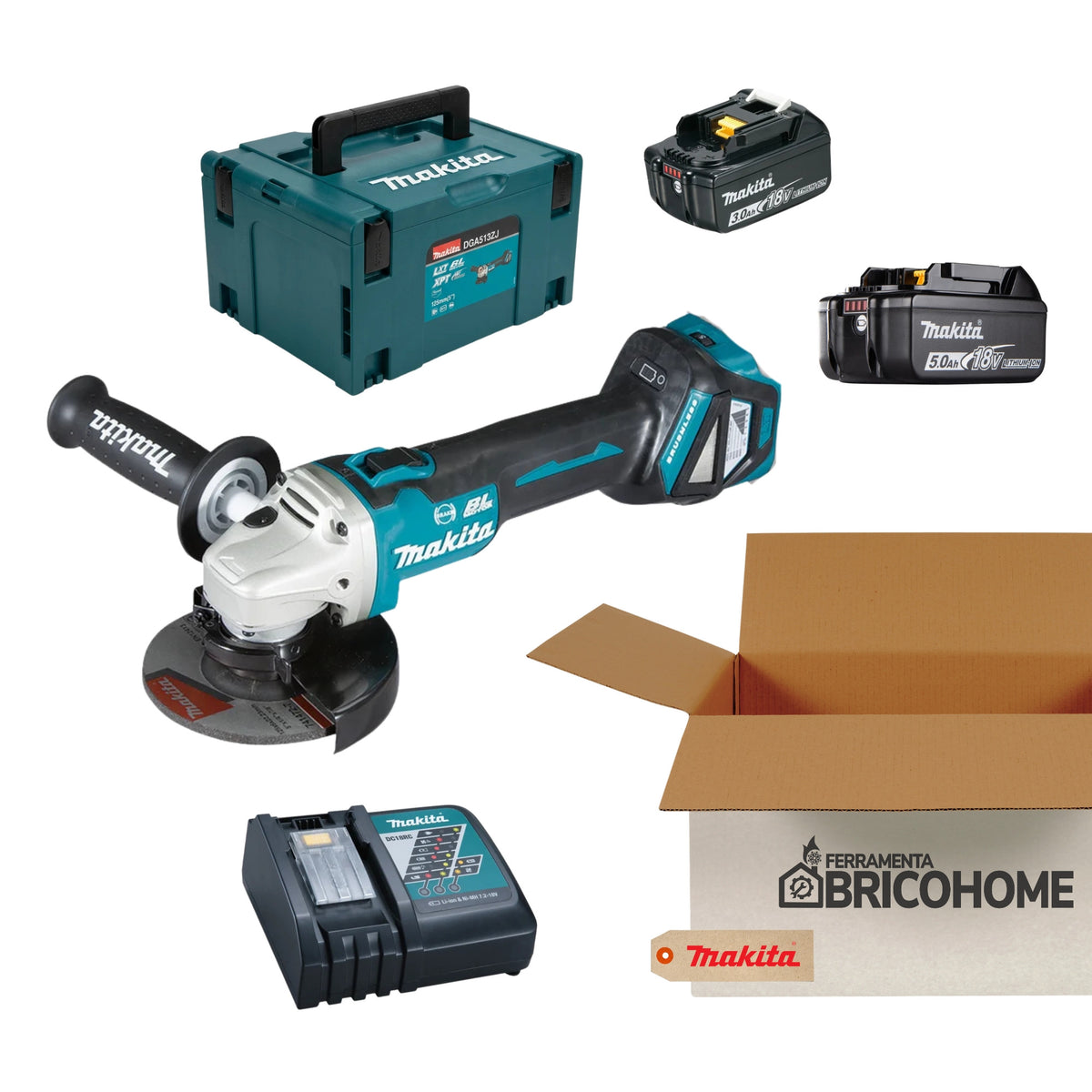 Kit Makita Smerigliatrice DGA513ZJ + 2 Batterie 3Ah e 5Ah e Caricabatterie [BUNDLE]