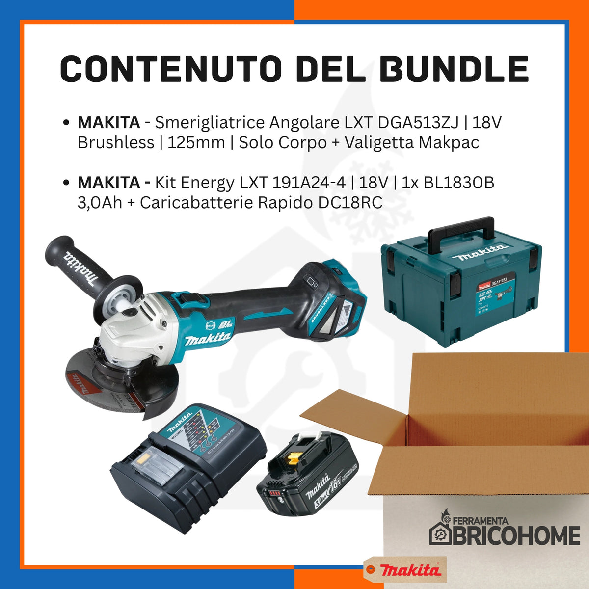 Kit Makita Smerigliatrice DGA513ZJ + Batteria 3Ah e Caricabatterie Rapido [BUNDLE]
