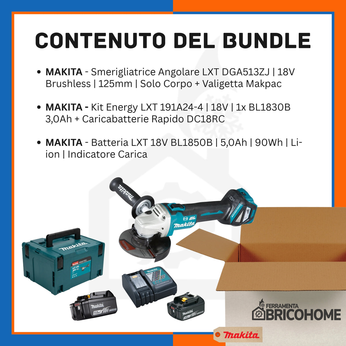 Kit Makita Smerigliatrice DGA513ZJ + 2 Batterie 3Ah e 5Ah e Caricabatterie [BUNDLE]