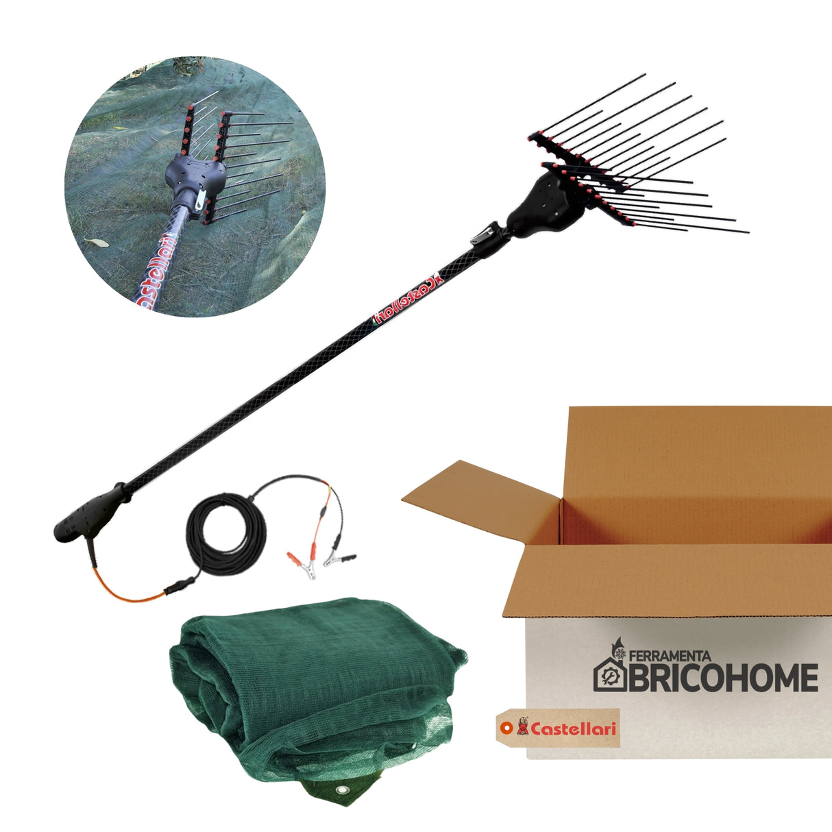Kit Castellari Abbacchiatore Elettrico a batteria Tornado Carbon L con Rete Raccolta Olive 10x10 metri [BUNDLE]