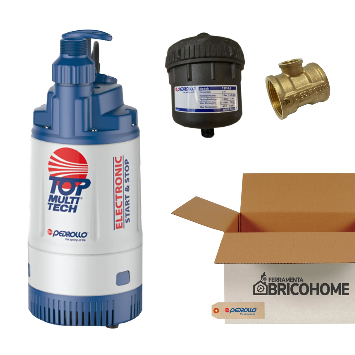 Kit Elettropompa Pedrollo TOP MULTI TECH 2  0.75HP + Vaso espansione 1LT + Raccordo a 3 vie [BUNDLE]