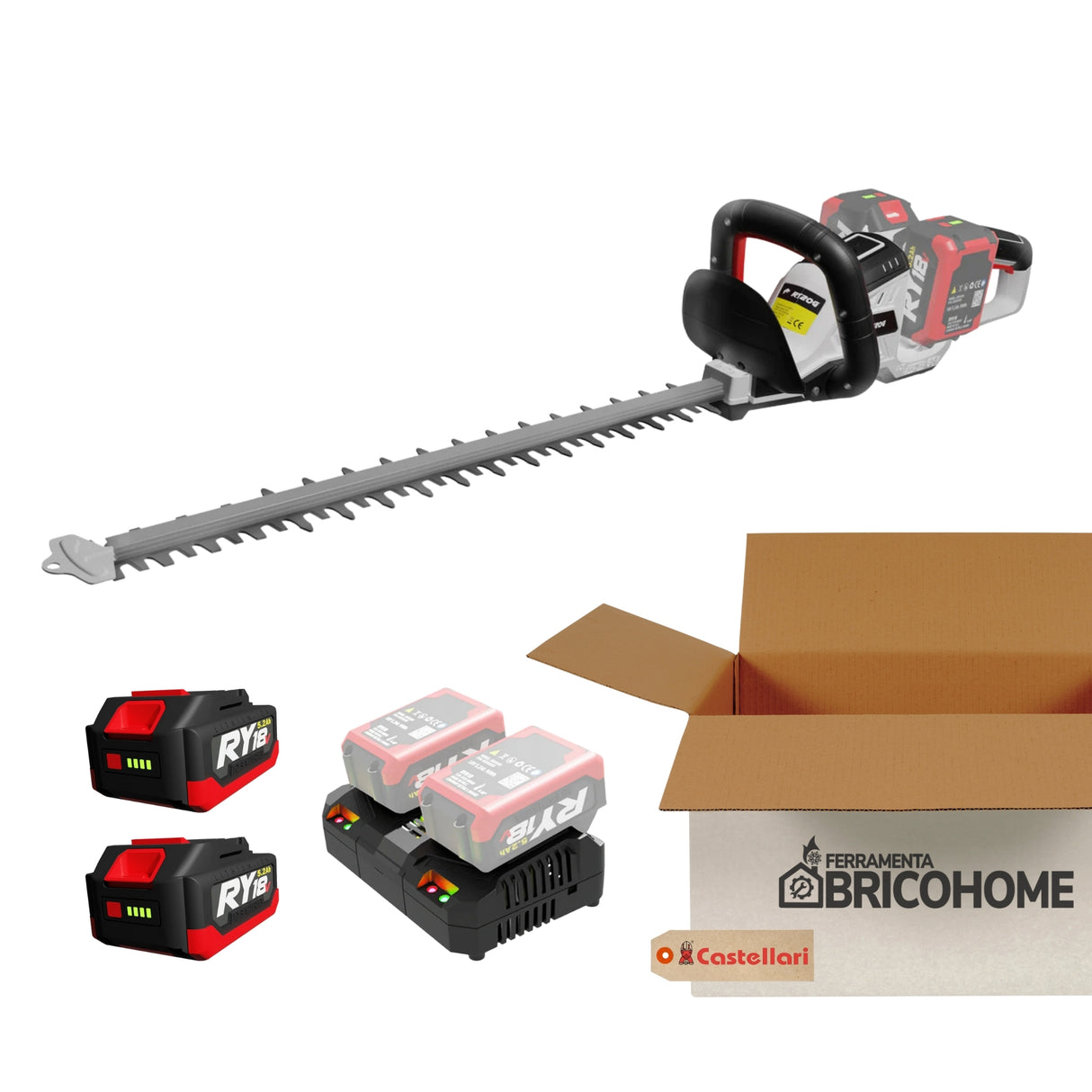 Kit Castellari Tagliasiepi RY20G con 2 Batterie da 18V e Caricabatterie Rapido [BUNDLE]