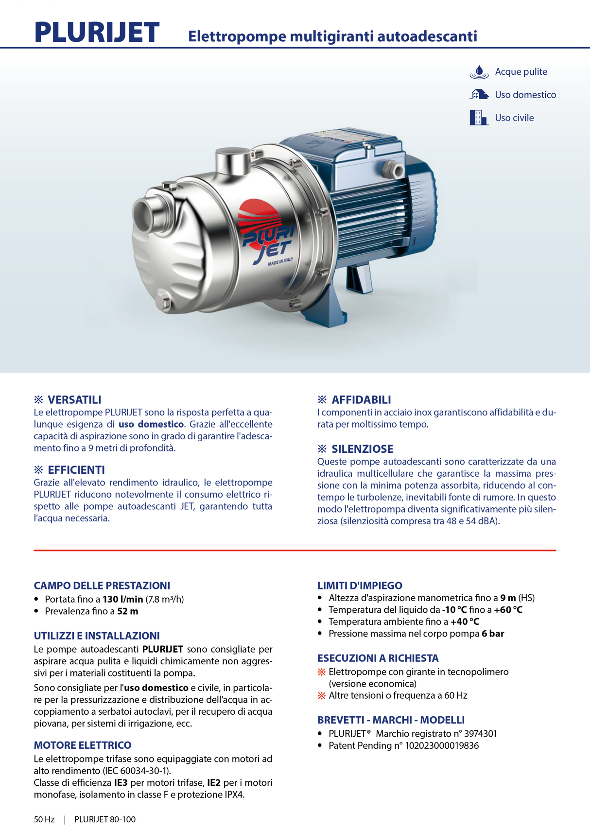 PEDROLLO PLURIJETm 3/100X 0.75 HP silent self-priming multi-impeller electric pump