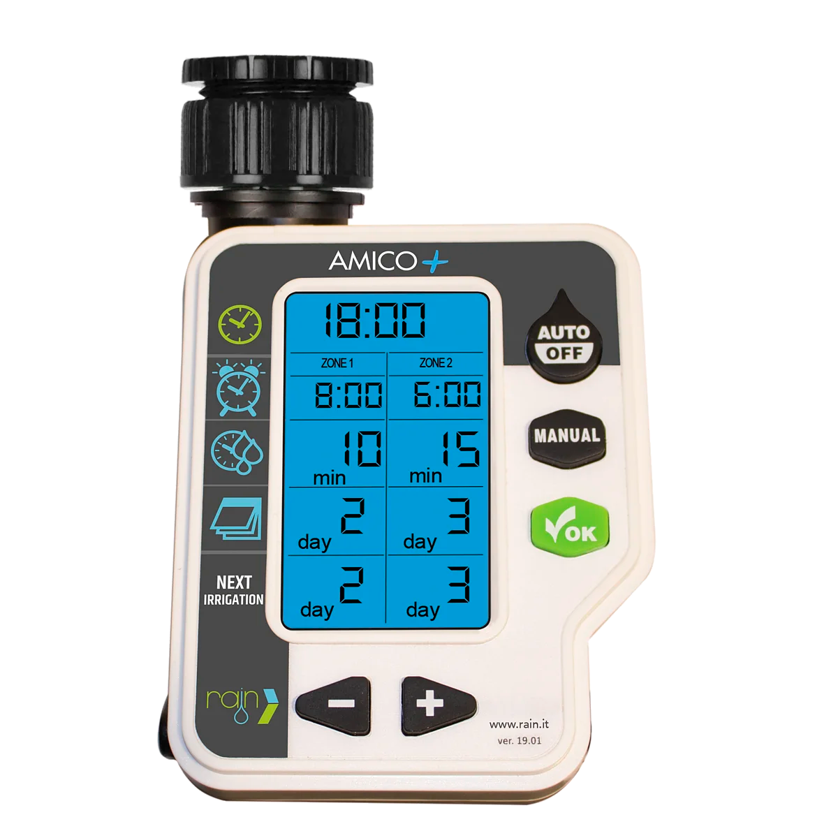 RAIN - Programmatore Irrigazione AMICO+ | 2 Zone | Batteria | Display 3" Retroilluminato | 1-6 Bar