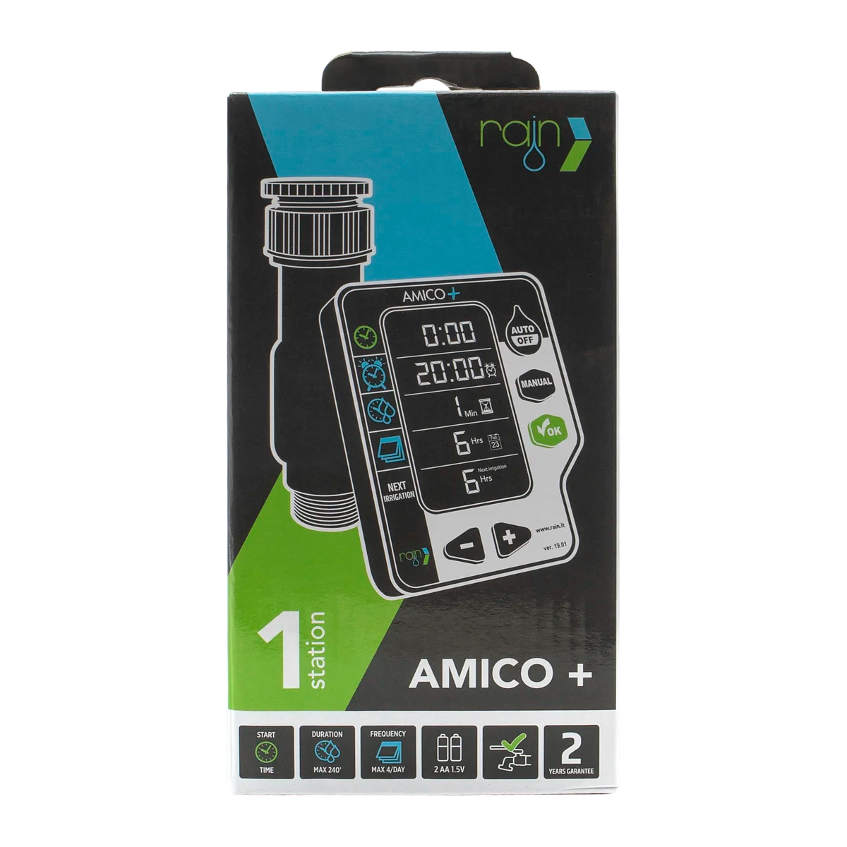 RAIN - Programmatore Irrigazione AMICO+ | 2 Zone | Batteria | Display 3" Retroilluminato | 1-6 Bar