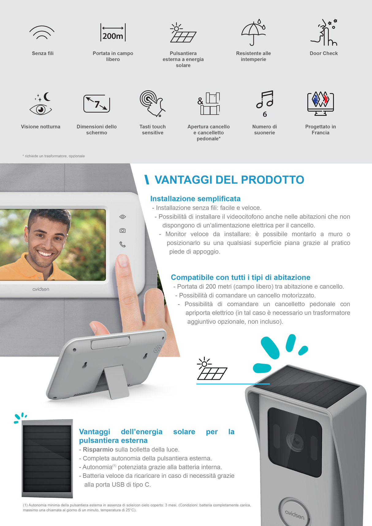 Videocitofono Wireless Autoalimentato con Pannello Solare Monofamiliare 7'' Elia Solar Wave