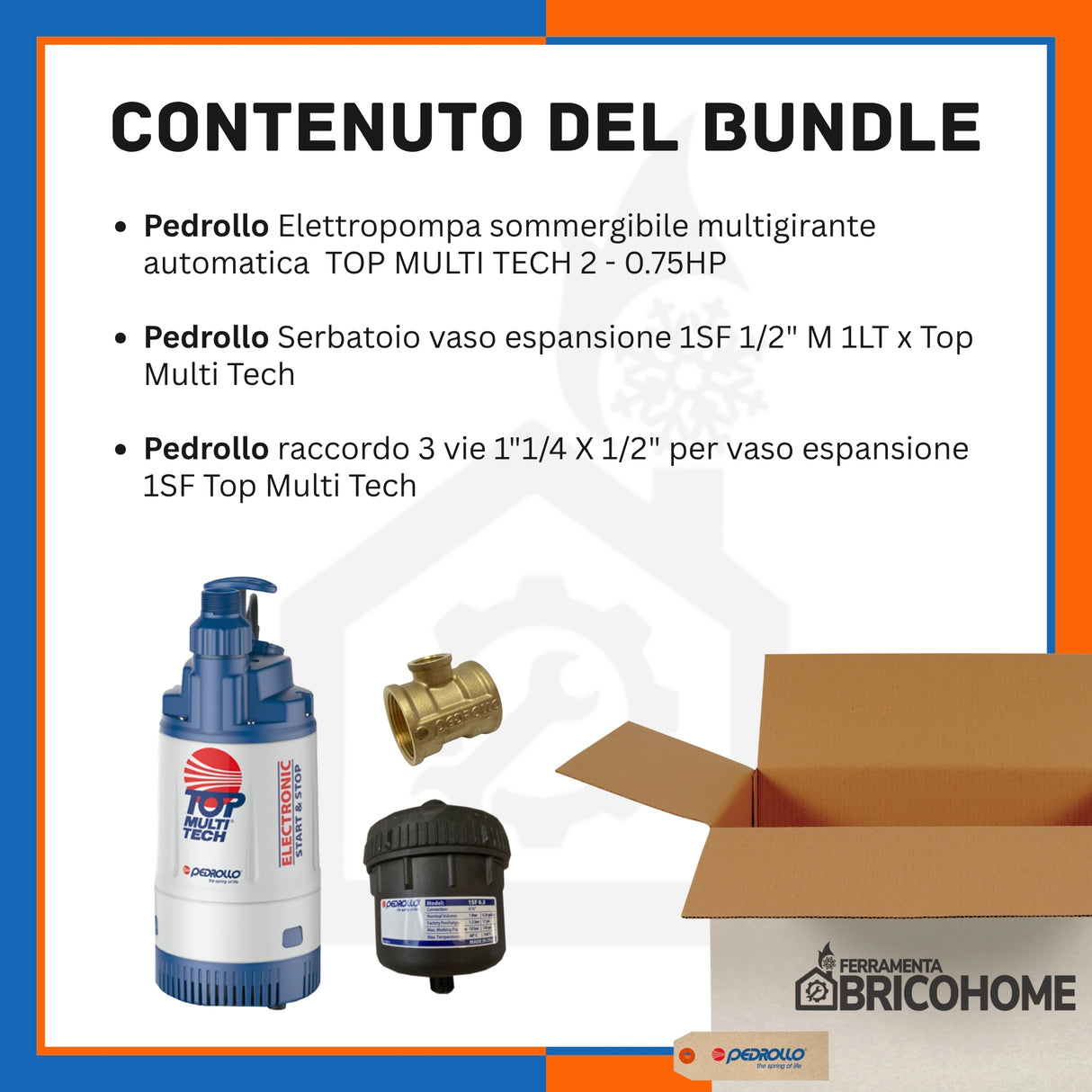 Kit Elettropompa Pedrollo TOP MULTI TECH 2  0.75HP + Vaso espansione 1LT + Raccordo a 3 vie [BUNDLE]