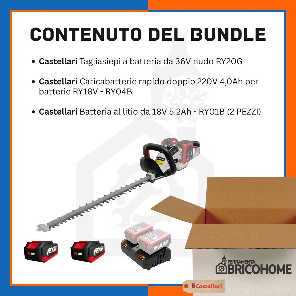 Kit Castellari Tagliasiepi RY20G con 2 Batterie da 18V e Caricabatterie Rapido [BUNDLE]