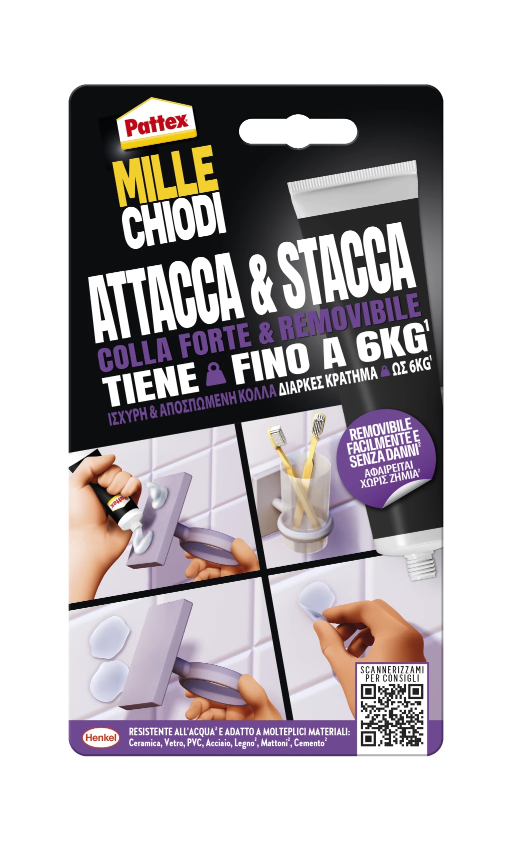PATTEX - Millechiodi Attacca & Stacca | 44g | Trasparente | Rimovibile | 6kg | Impermeabile