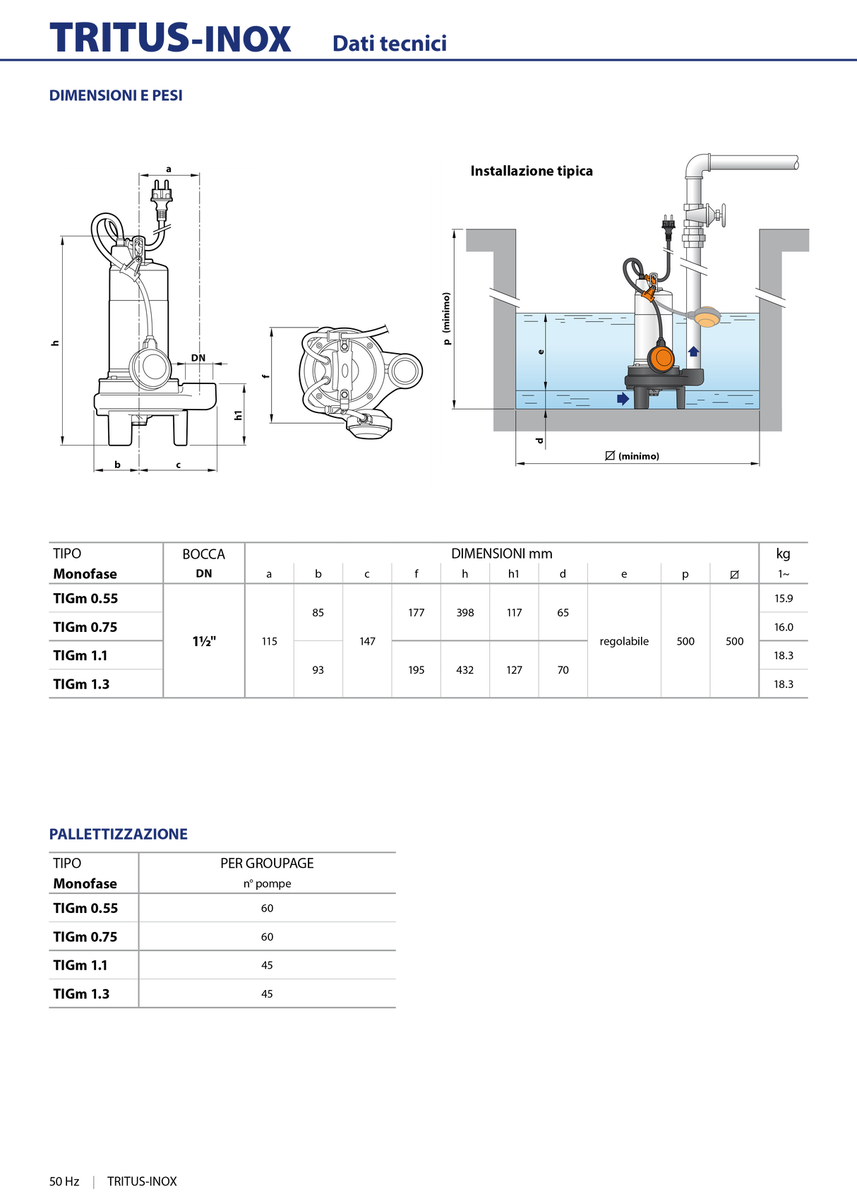 Elettropompa sommergibile con trituratore per drenaggio pozzi neri e liquami Pedrollo TRITUS-Inox TIGm 0.75 1HP