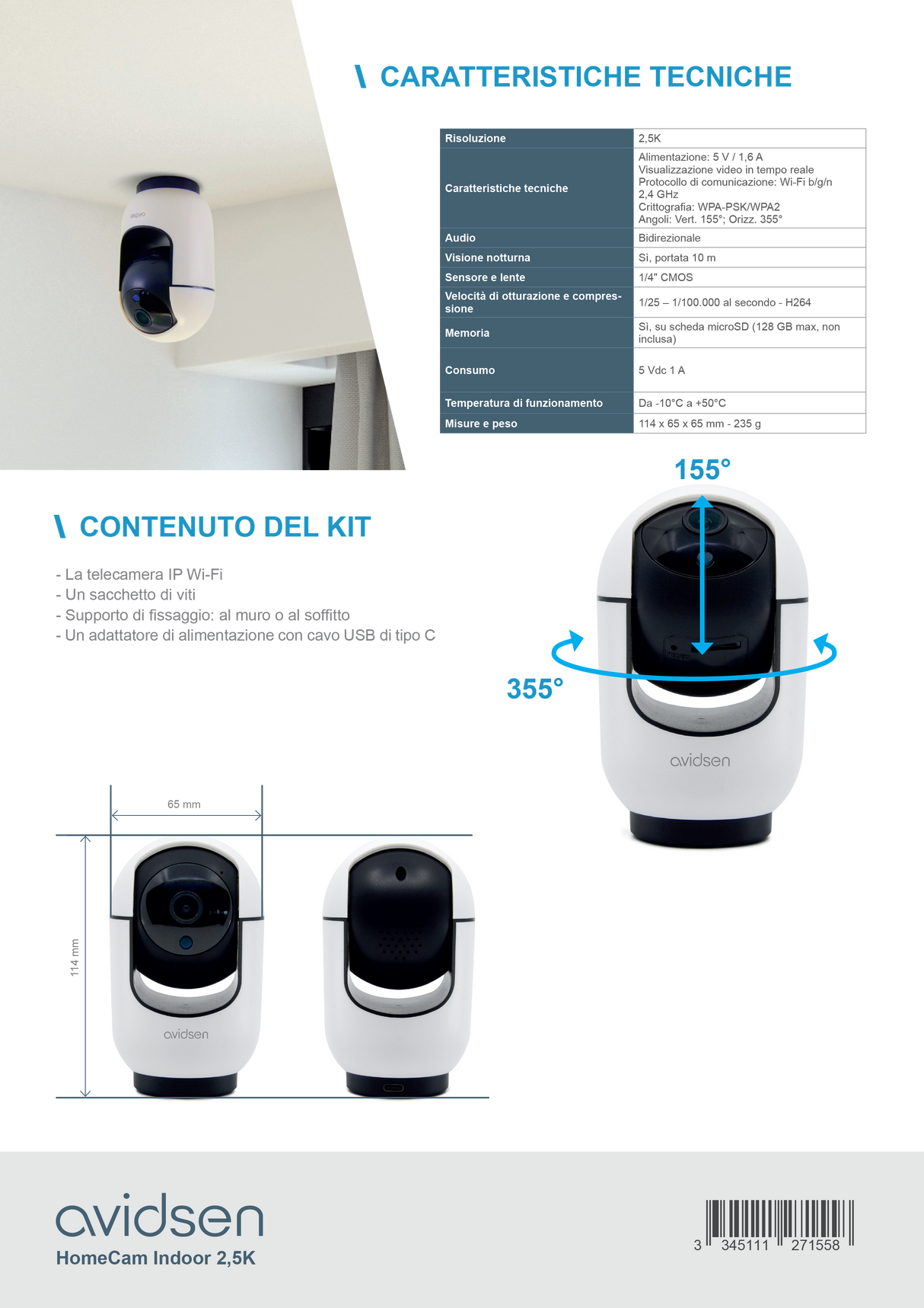 Telecamera IP Wi-fi motorizzata per interni 2,5K 360° HomeCam Indoor - Avidsen