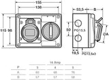 ROSI 14.3316R6 presa interbloccata 16A 3P+T IP67 - disegno tecnico dimensioni 155x115mm tabella misure A e B