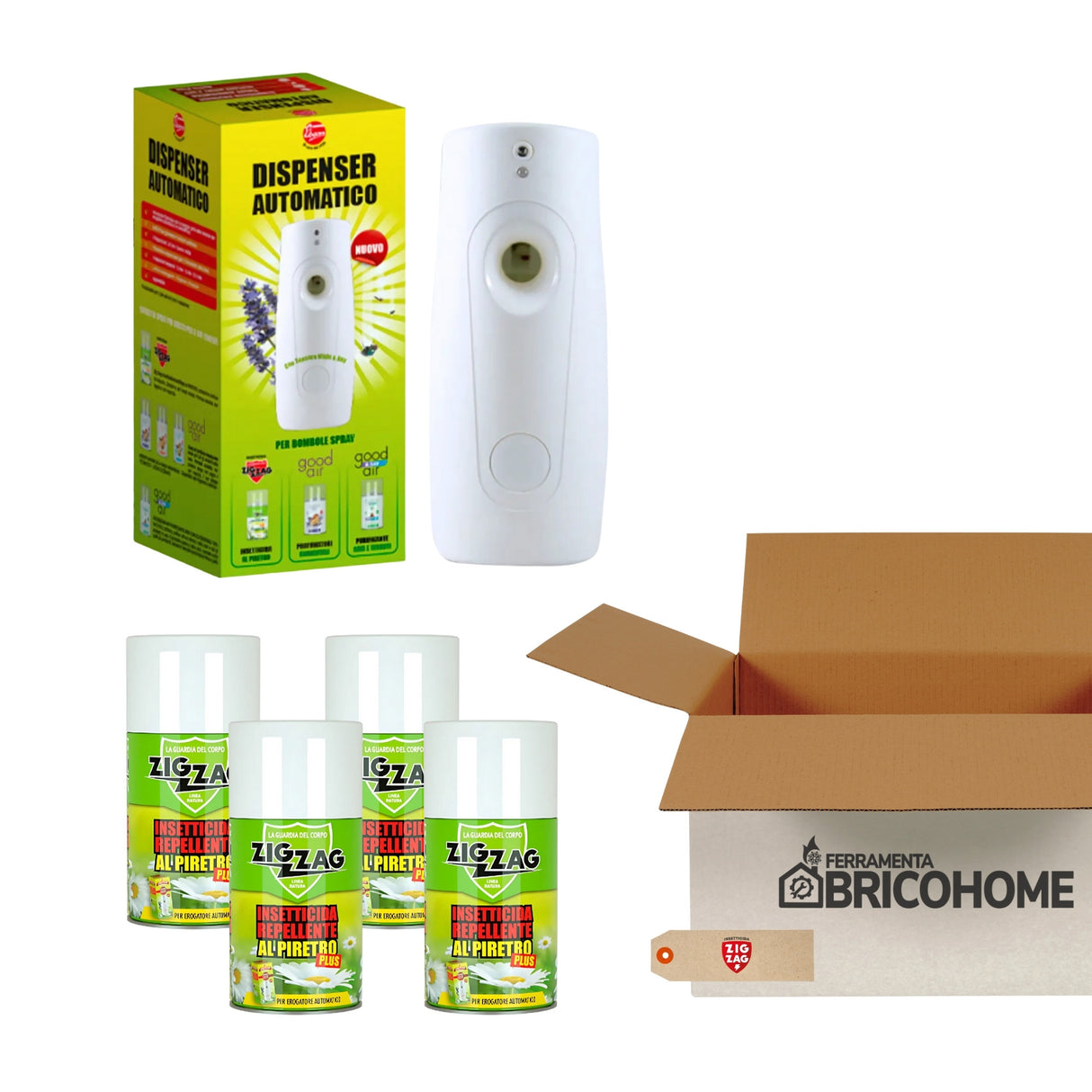 Kit ZIG ZAG Erogatore automatico per insetticida +  4 Bombolette di Insetticida spray 250ml [BUNDLE]