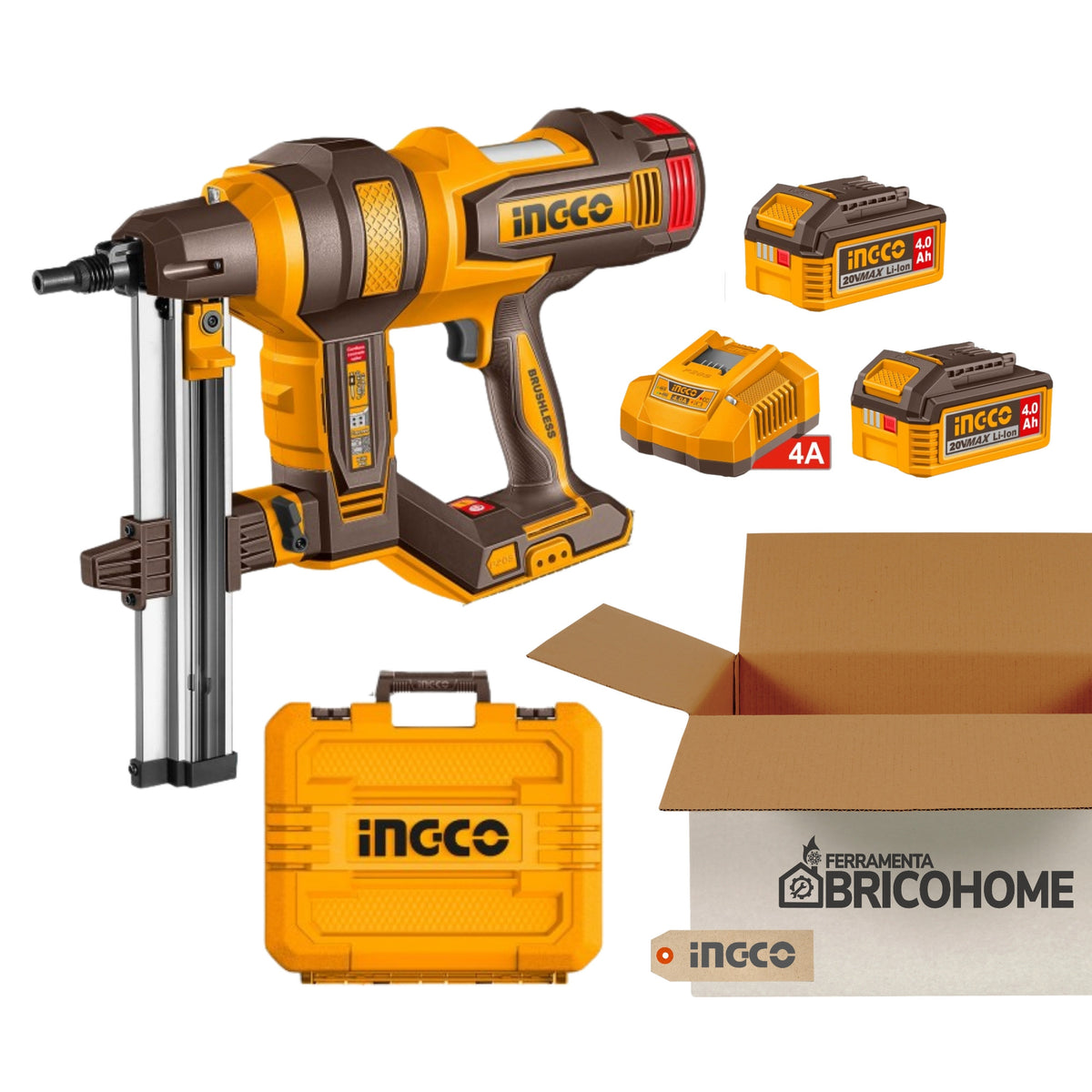 Kit INGCO Chiodatrice Calcestruzzo CCNLI9005 20V + 2 Batterie 4Ah e Caricabatteria Rapido [BUNDLE]