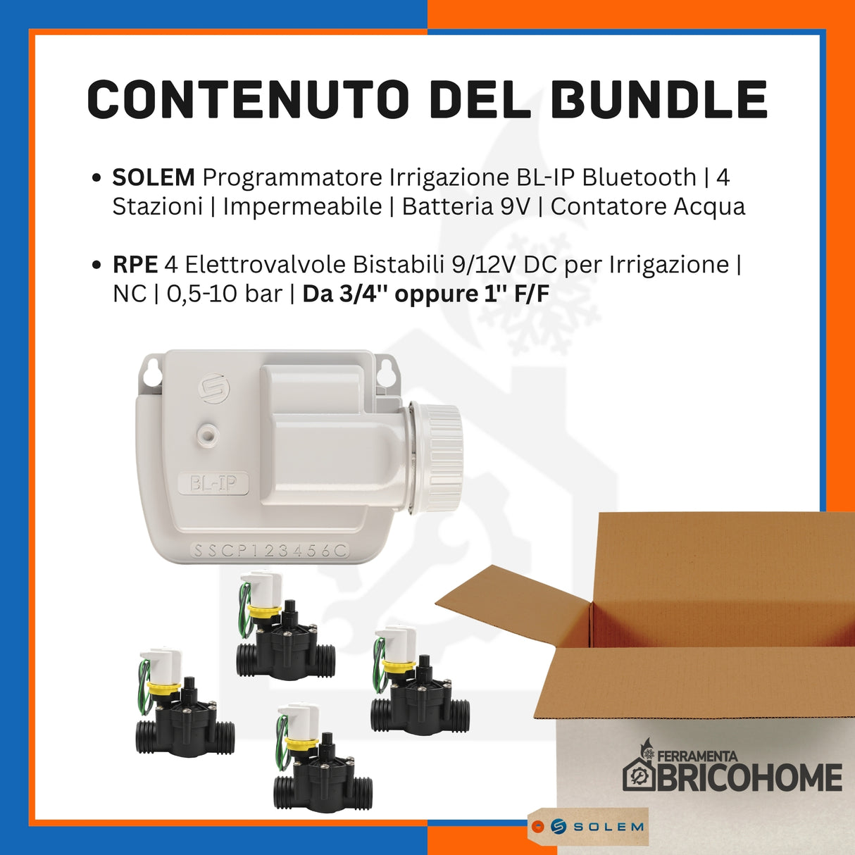 Kit Programmatore Irrigazione SOLEM 4 Stazioni + 4 Elettrovalvole Bistabili RPE [BUNDLE]