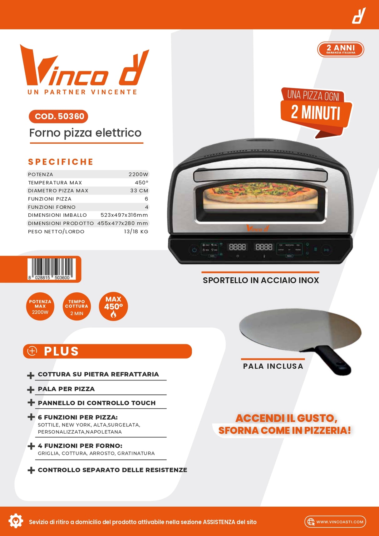 VINCO Forno Pizza Elettrico 50360 | 2200W | Ø33cm | Touch | Sportello Inox | 6 Funzioni