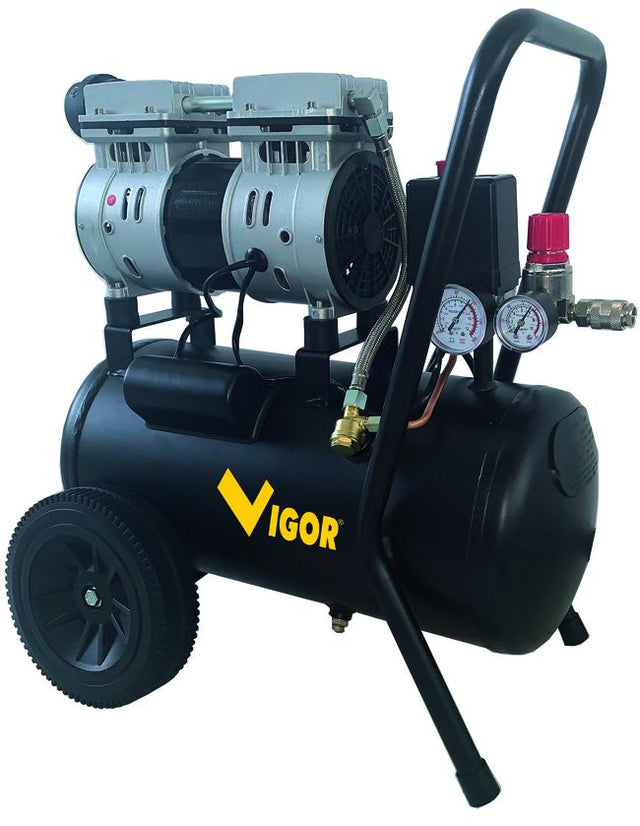 VIGOR VCA-S24 compressore aria silenziato 24 litri 1HP oil-free 2 cilindri carrellato