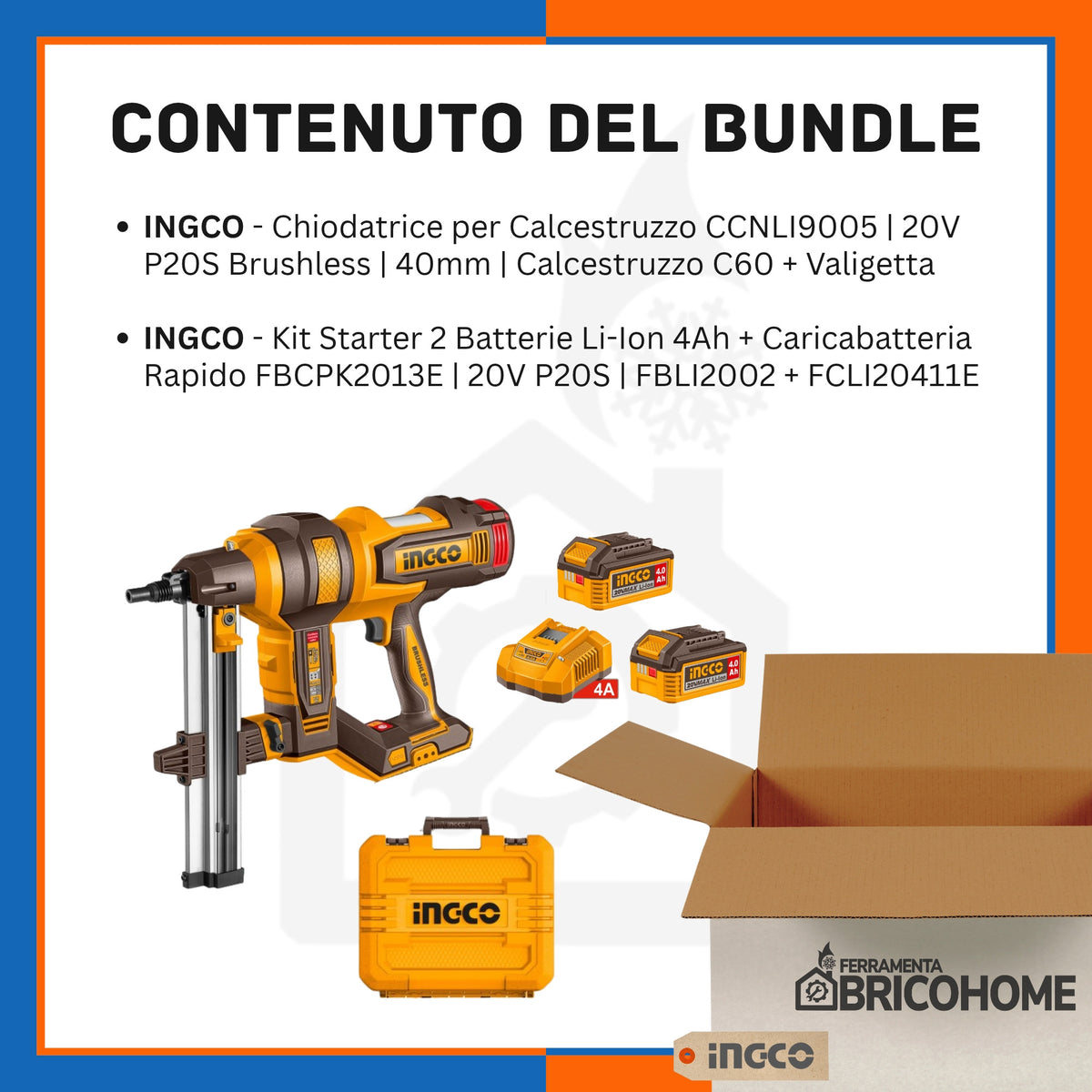 Kit INGCO Chiodatrice Calcestruzzo CCNLI9005 20V + 2 Batterie 4Ah e Caricabatteria Rapido [BUNDLE]
