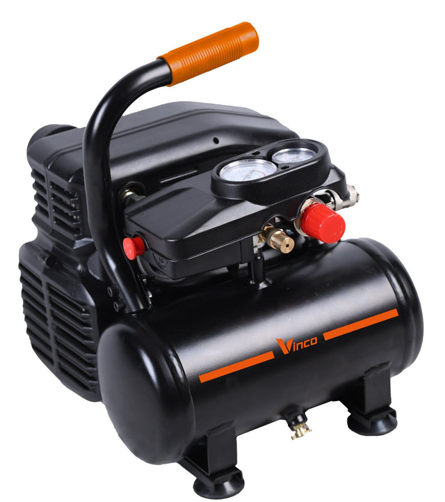 VINCO 60800 compressore oil-free 6 litri nero con maniglia arancione, manometri e regolatore di pressione