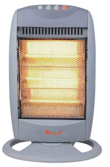 VINCO TCHH12CSmini stufa alogena 1200W grigia con elementi accesi e base da appoggio