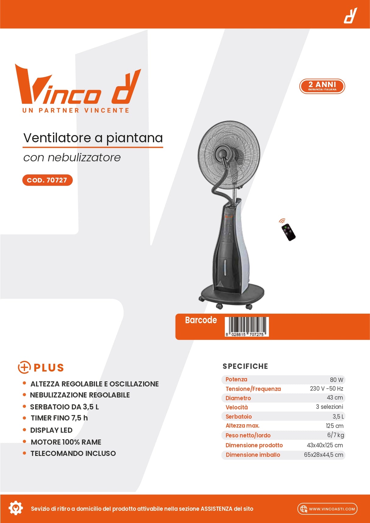 VINCO Ventilatore Nebulizzatore 70727 | 80W | Ø43cm | 3,5L | Ruote | Telecomando