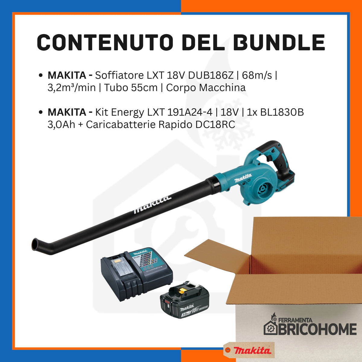 Kit Makita Soffiatore DUB186Z 18V + Batteria 3Ah e Caricabatterie Rapido [BUNDLE]