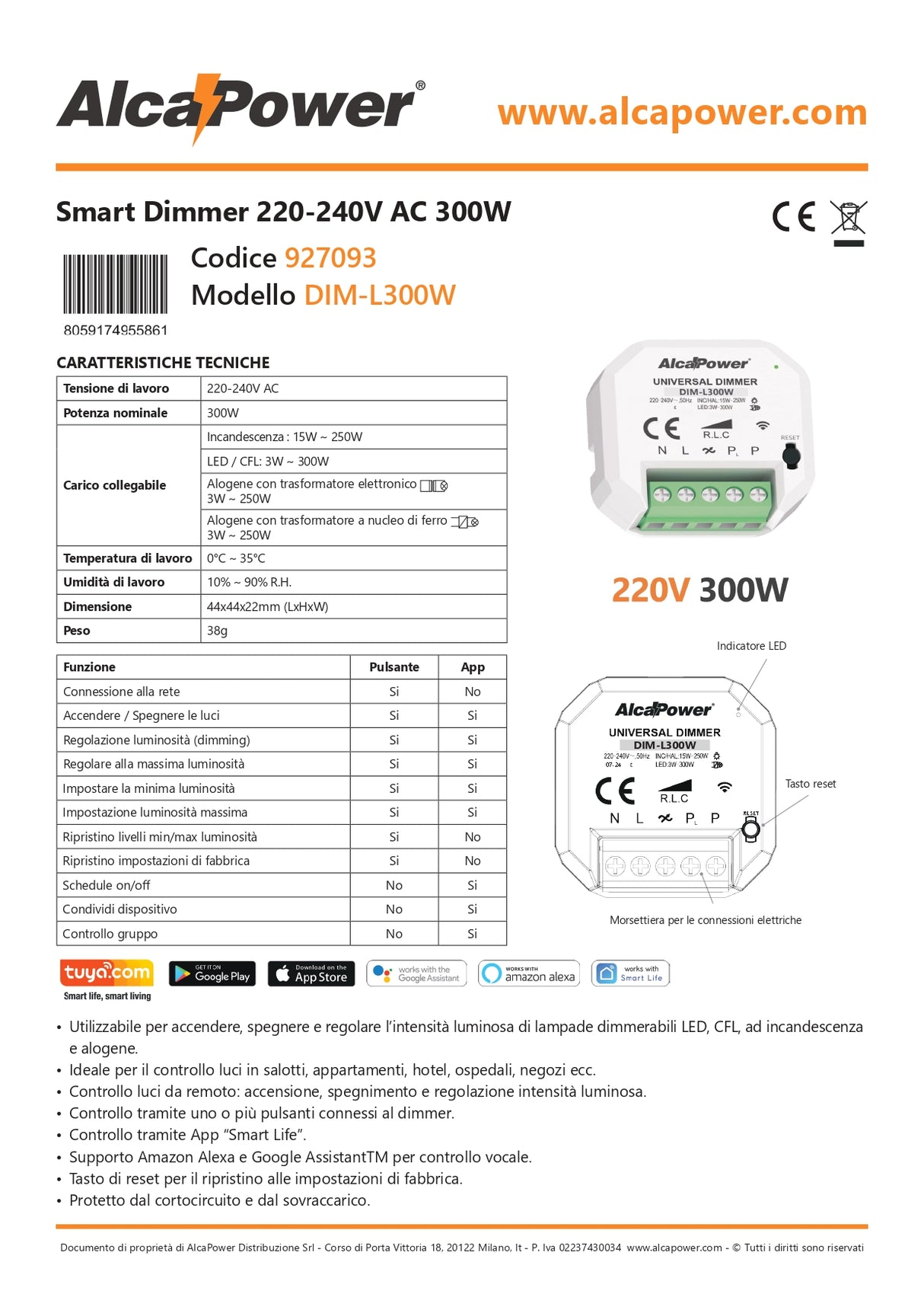 Dimmer Smart Wi-Fi da pulsante 220-240V AC 300W - Alcapower