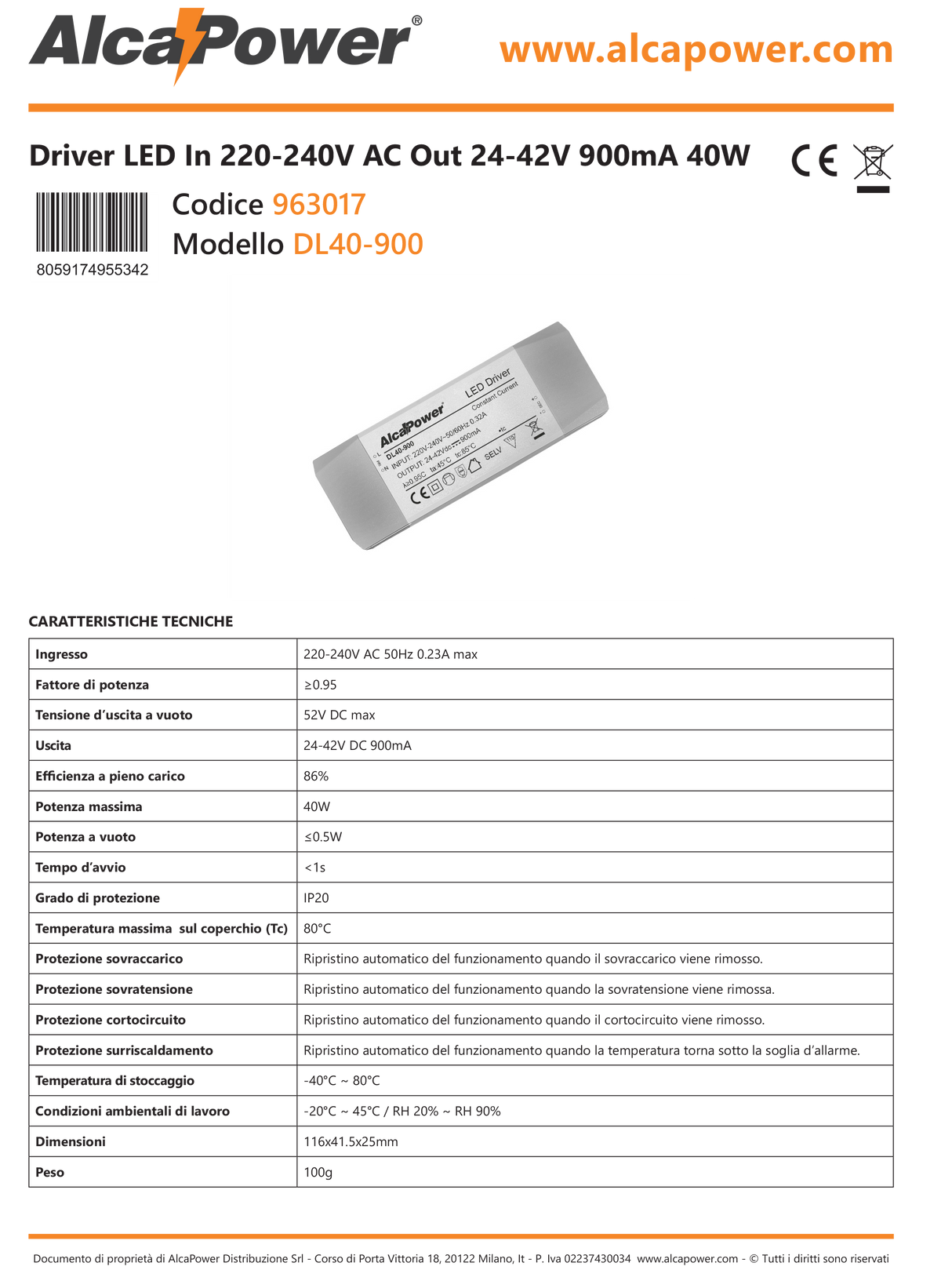 Driver LED In 220-240V AC Out 24-42V 900mA 40W