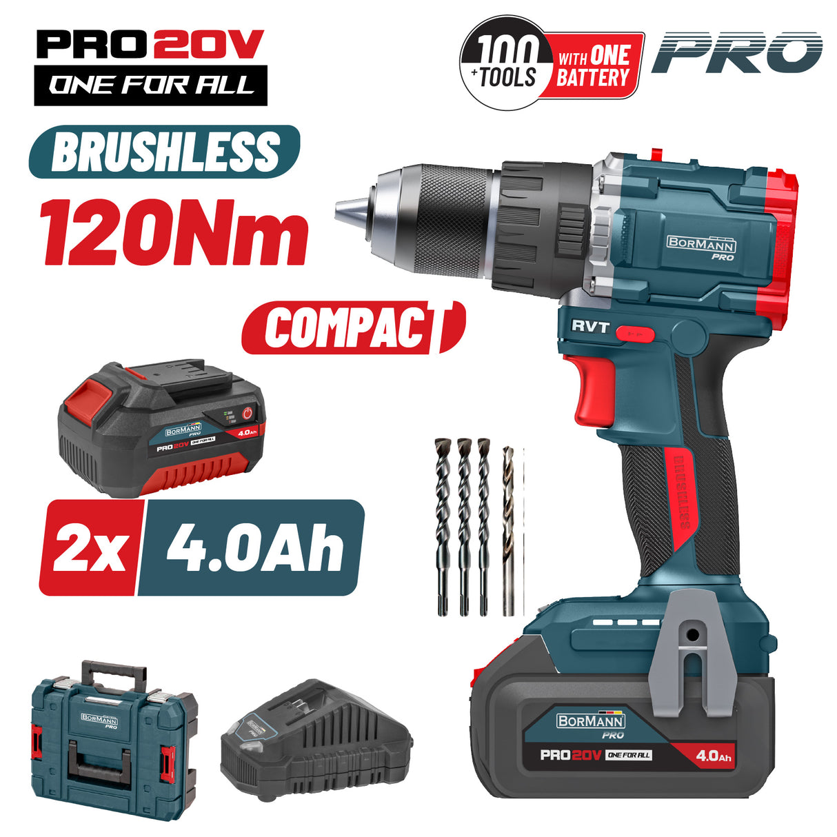BORMANN Pro Trapano Avvitatore COMPACT con percussione 20V 120Nm BRUSHLESS con 2 batterie 4Ah - BBP5451X44CA