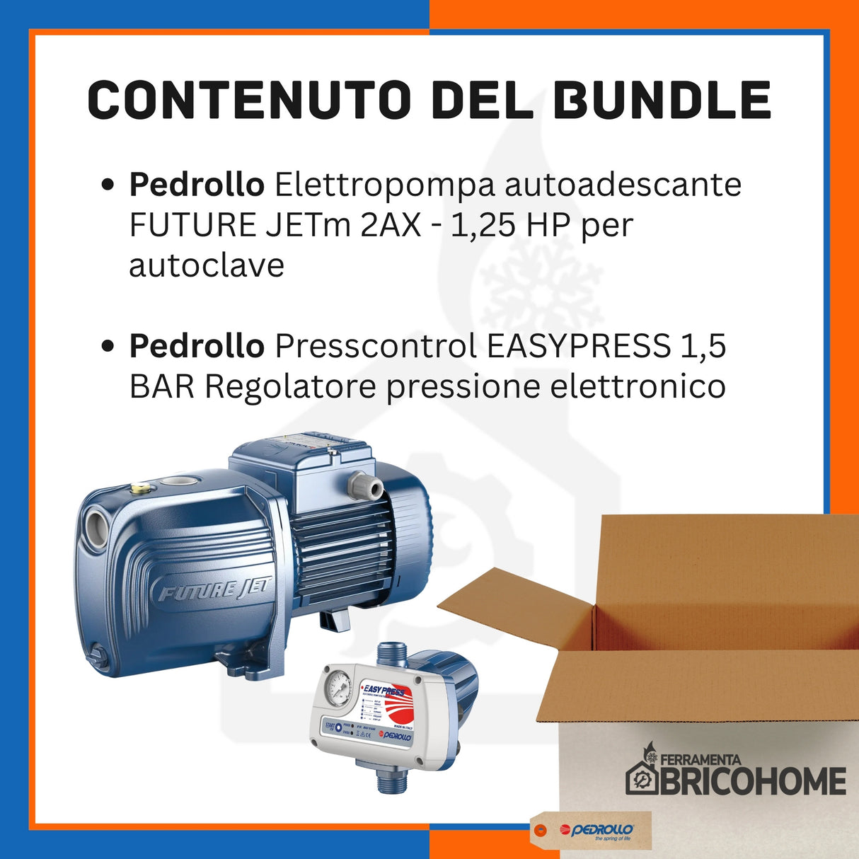 Kit Elettropompa Pedrollo Future JETm 2AX 1,25 HP + Presscontrol EASYPRESS 1,5 BAR [BUNDLE]
