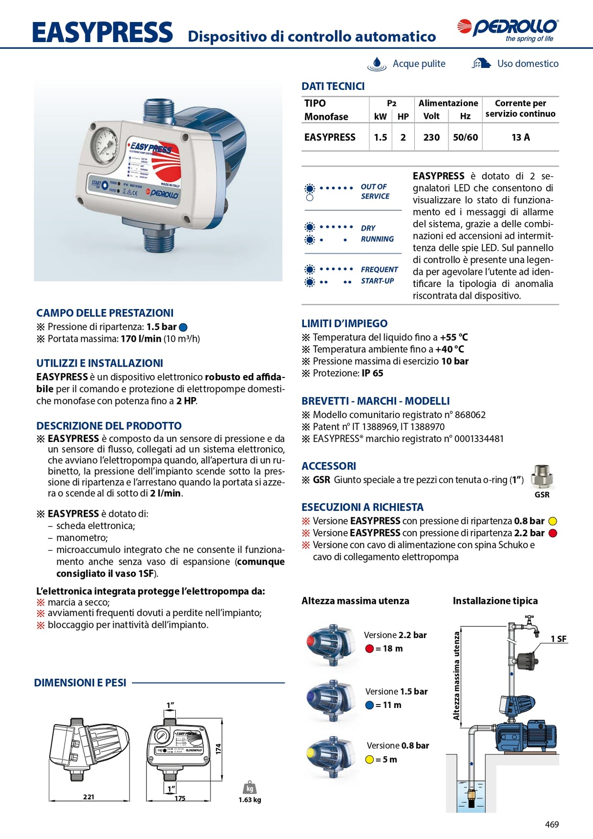 Presscontrol Pedrollo EASYPRESS 1,5 BAR Electronic pressure regulator