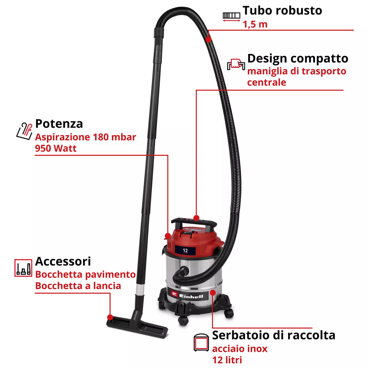EINHELL Aspiratore Solidi e Liquidi TC-VC 1240 S | 950W | 180mbar | Serbatoio Inox 12L | Attacco Soffiaggio