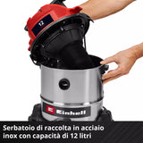 EINHELL Aspiratore Solidi e Liquidi TC-VC 1240 S | 950W | 180mbar | Serbatoio Inox 12L | Attacco Soffiaggio