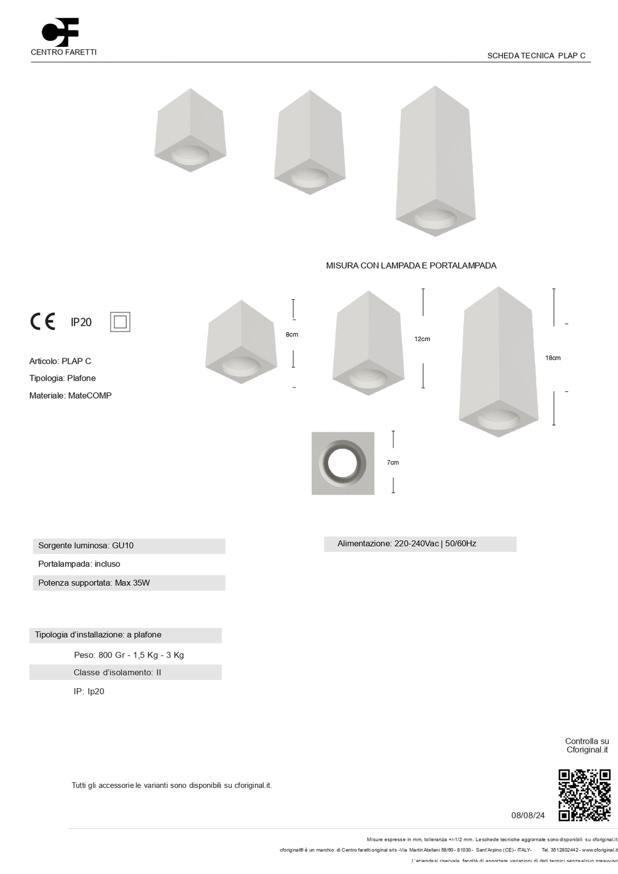 Faretto a Cubo da soffitto in gesso ceramico per lampade GU10 H.8cm - PLAP C8
