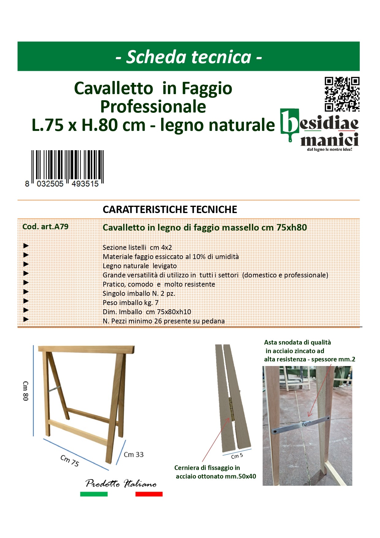 Cavalletto in faggio naturale 75 x 80 cm Made in italy uso professionale